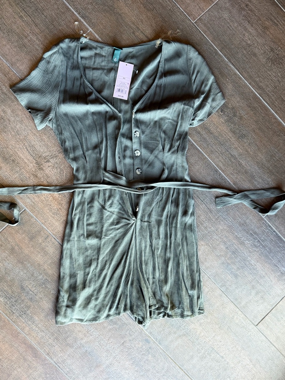 wild fable Olive Green Button-Front Short Sleeve Romper with Tie